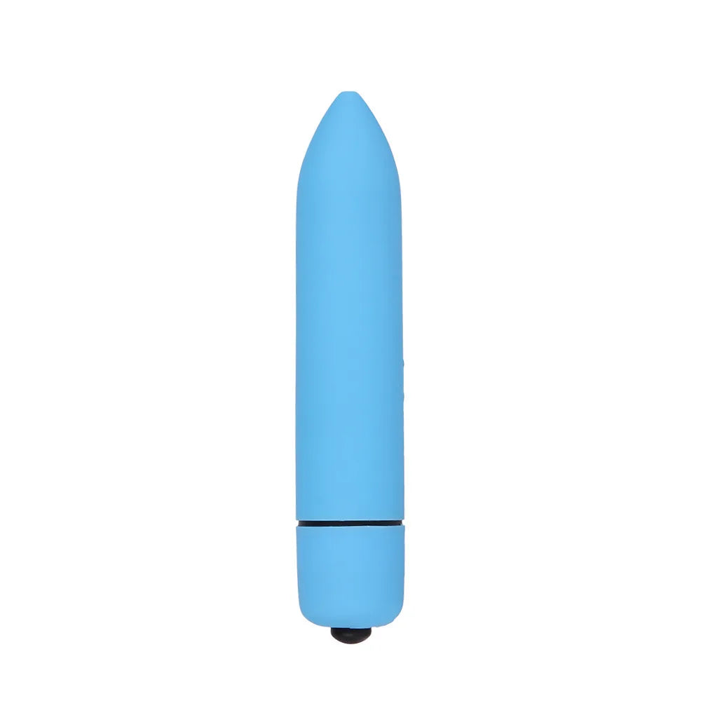 Slim blue bullet vibrator with smooth silicone finish, isolated on white background