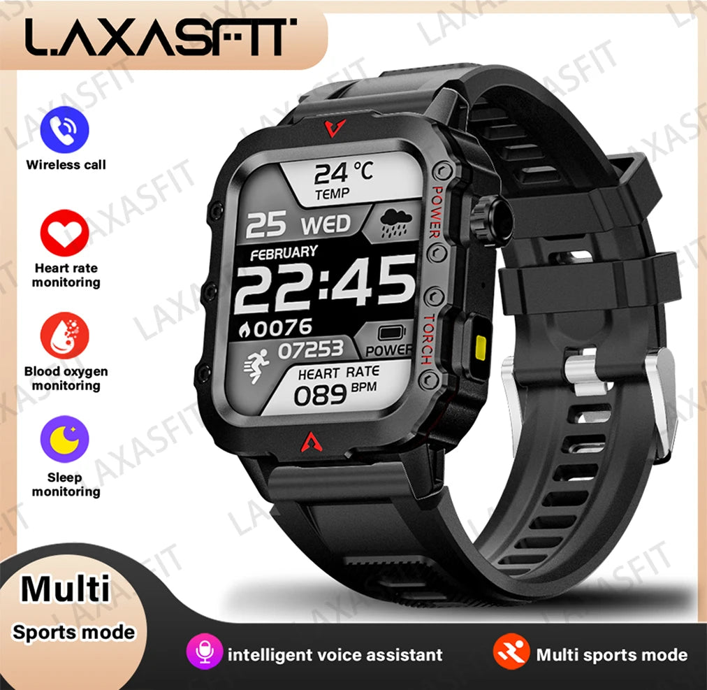 LAXASFIT Men's Smart Watch with LED Flashlight - Outdoor Sports Health Monitoring Smartwatch