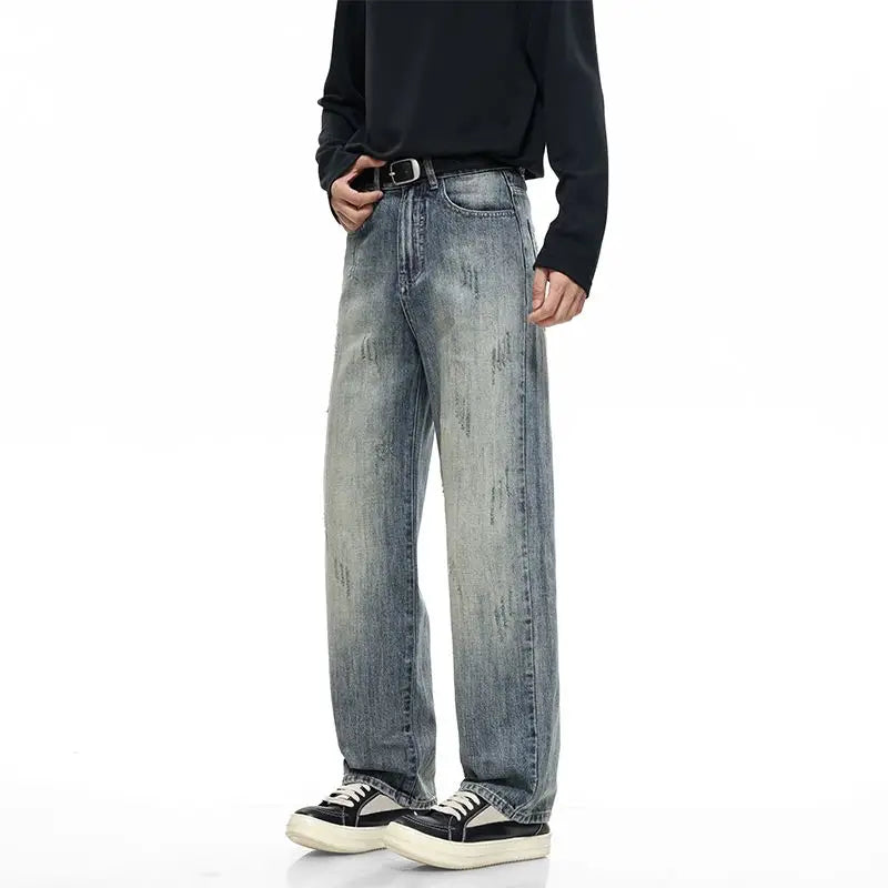 Men's Y2K Elastic Straight Leg Denim Pants - Korean Fashion Baggy High Street Jeans