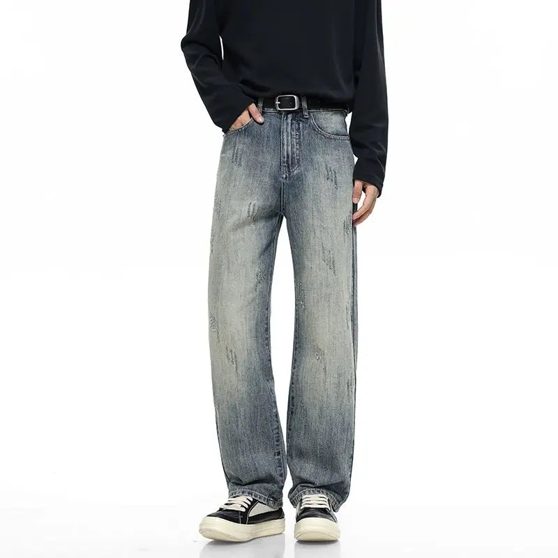 Men's Y2K Elastic Straight Leg Denim Pants - Korean Fashion Baggy High Street Jeans
