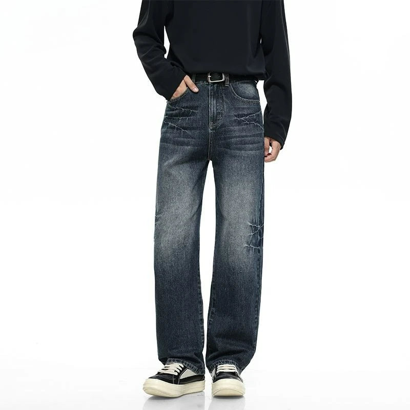 Men's Y2K Elastic Straight Leg Denim Pants - Korean Fashion Baggy High Street Jeans