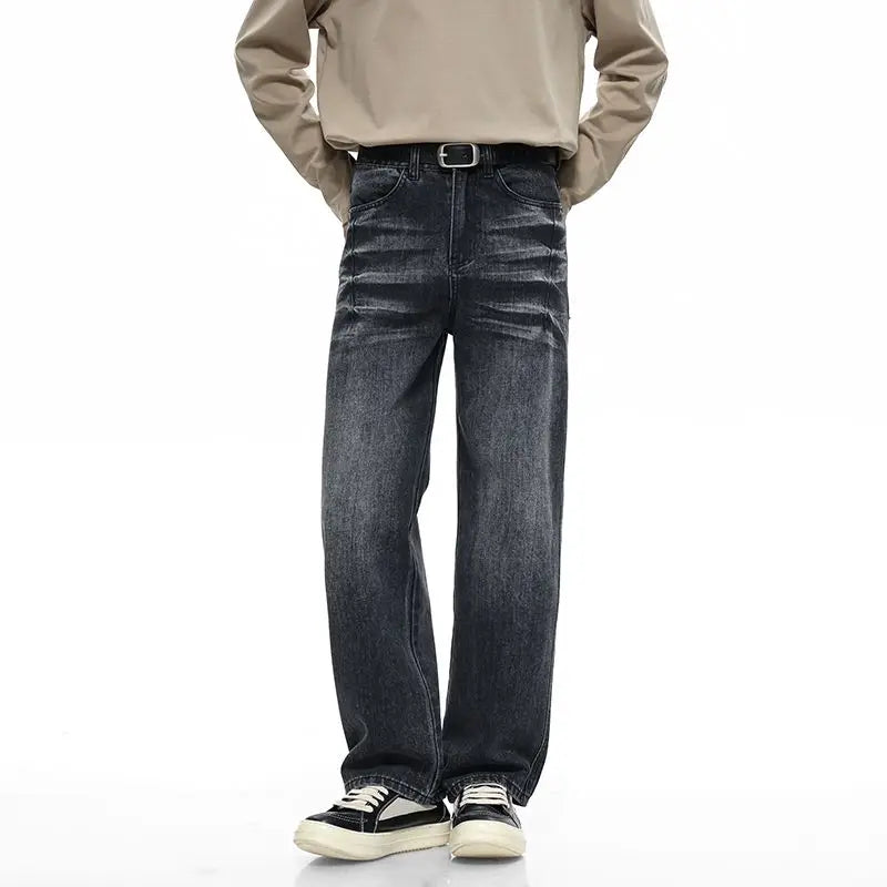 Men's Y2K Elastic Straight Leg Denim Pants - Korean Fashion Baggy High Street Jeans