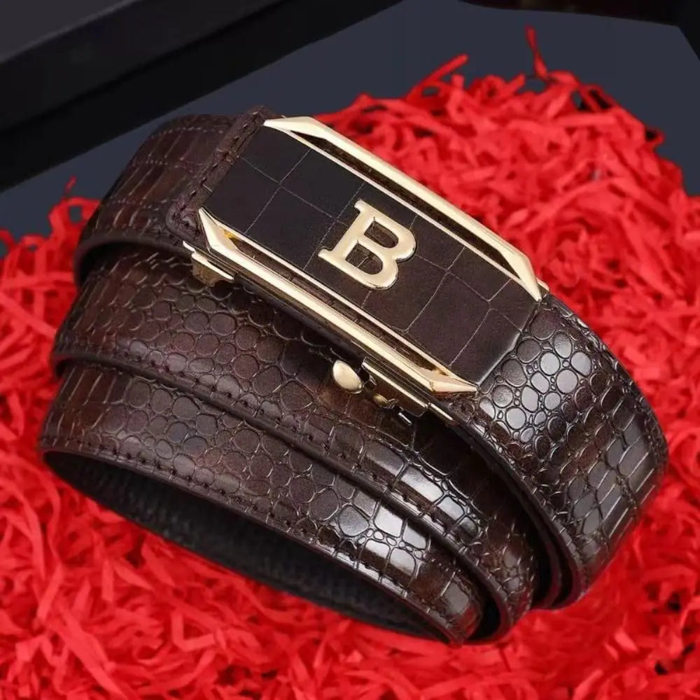Luxury Automatic Buckle Leather Belt - Black Coffee Business Crocodile Pattern