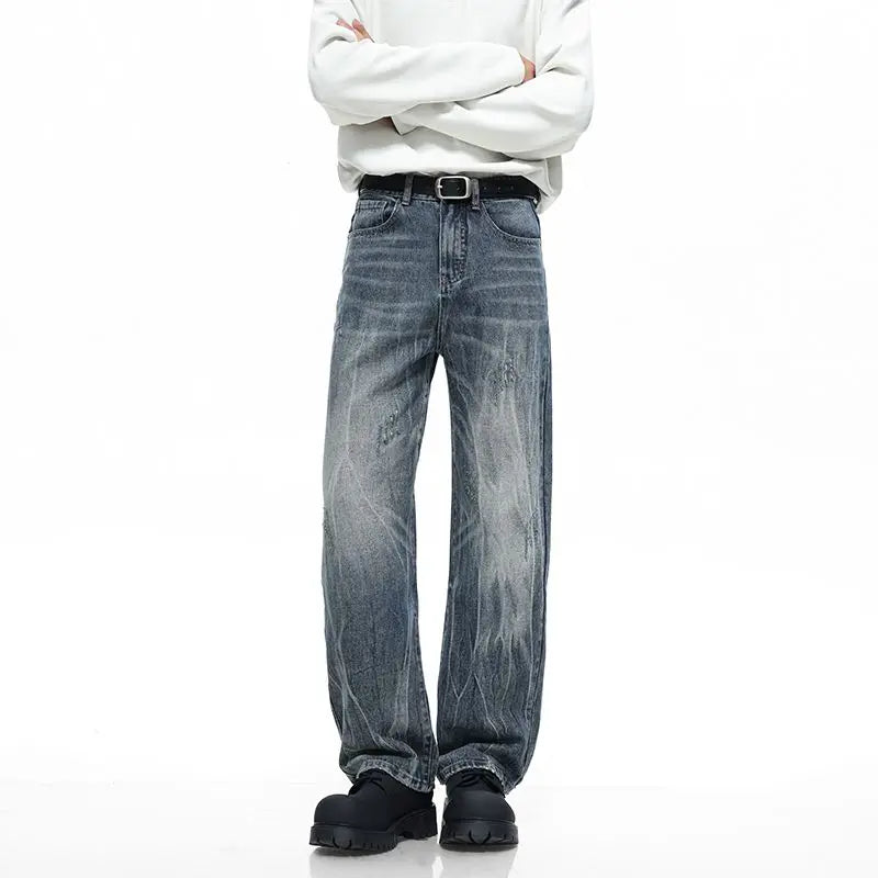 Men's Y2K Elastic Straight Leg Denim Pants - Korean Fashion Baggy High Street Jeans