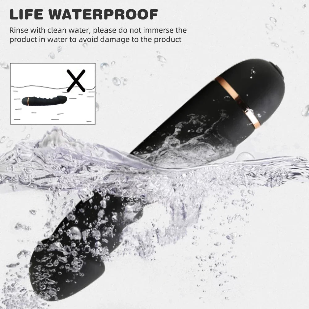 Black waterproof vibrator partially submerged in water with splash and life waterproof warning text
