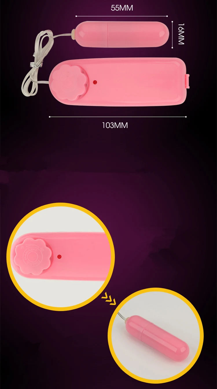 Pink compact wired remote control with rotary dial and small cylindrical device, dimensions shown