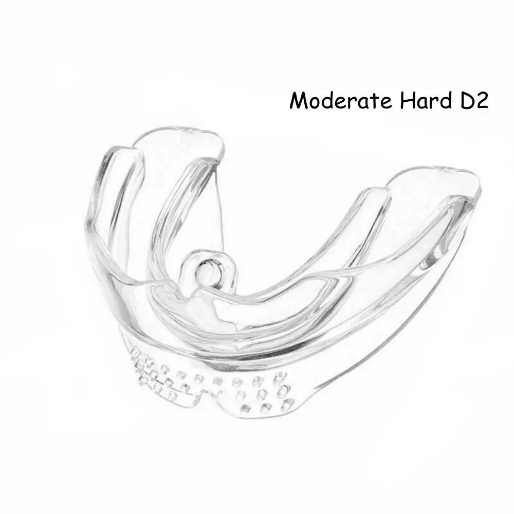 Clear transparent mouthguard labeled Moderate Hard D2 for sports protection