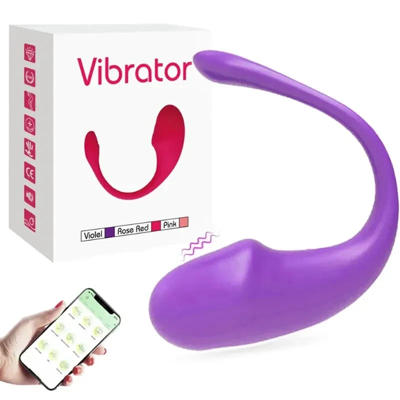 Purple wireless vibrator with smartphone control and product packaging showing color options