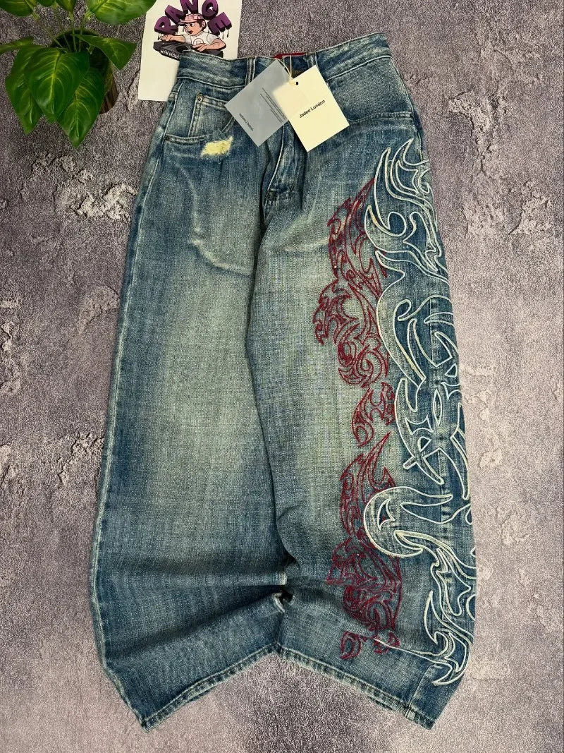 Y2K American Embroidery Baggy Jeans - High Street Hip Hop Wide Leg Pants for Men