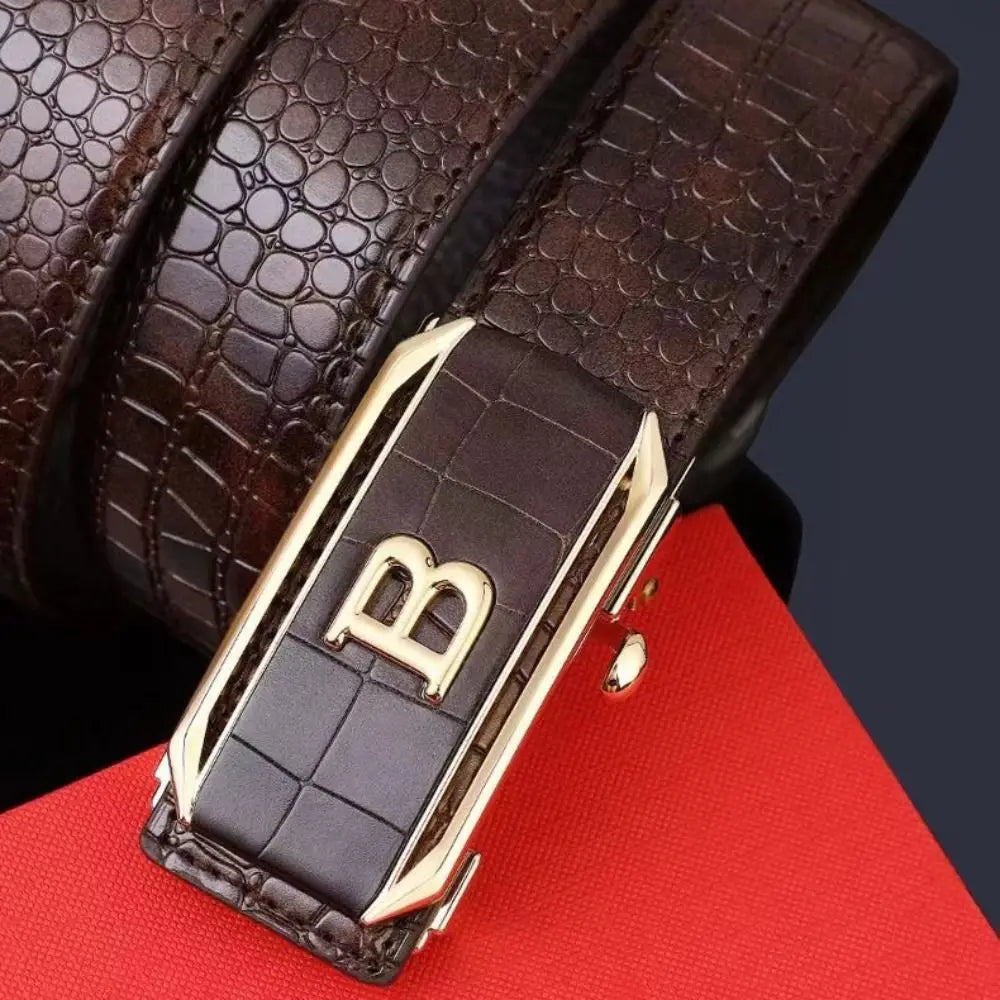 Luxury Automatic Buckle Leather Belt - Black Coffee Business Crocodile Pattern
