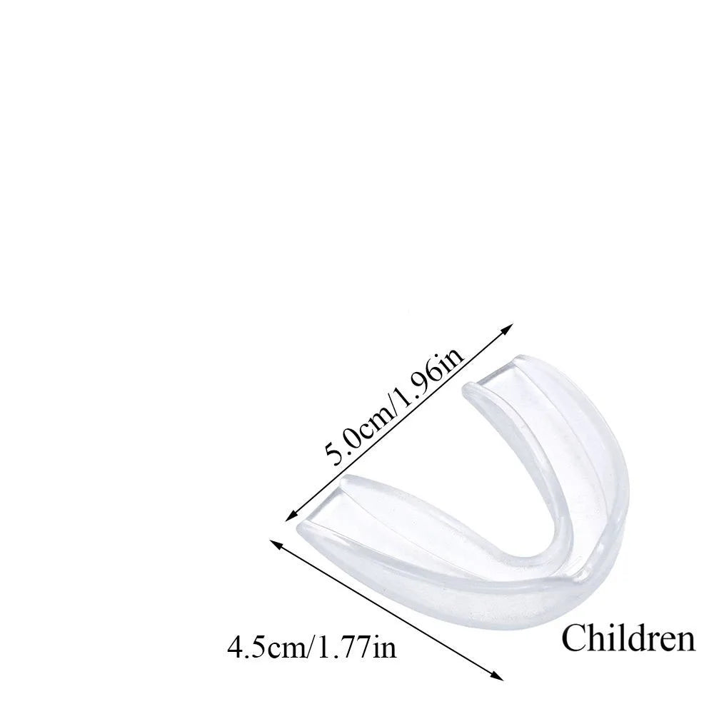 Clear transparent mouthguard for children with dimensions 5.0cm by 4.5cm shown on white background