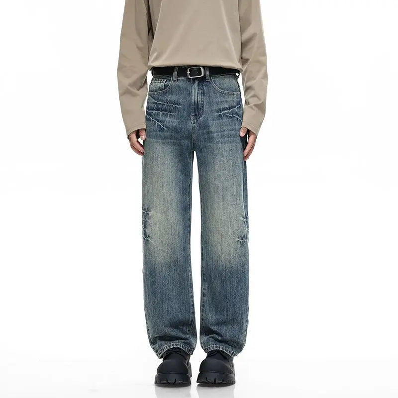 Men's Y2K Elastic Straight Leg Denim Pants - Korean Fashion Baggy High Street Jeans