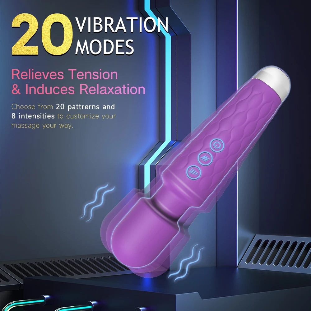 Purple handheld massager with 20 vibration modes, relieving tension and inducing relaxation