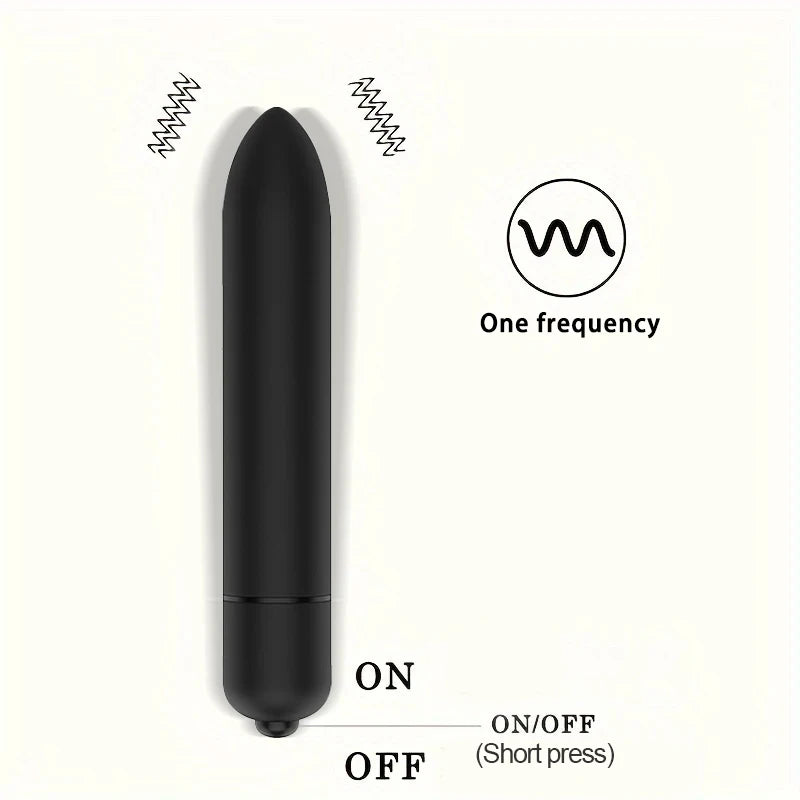 Black vibrating bullet vibrator with one frequency setting, on/off button, and vibration symbols