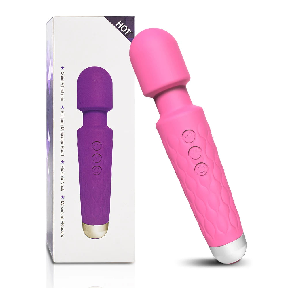 Pink silicone handheld massager with flexible neck and control buttons next to its purple box