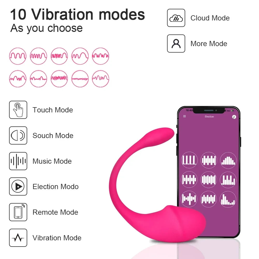 Pink wearable vibrator with 10 vibration modes controlled via smartphone app interface