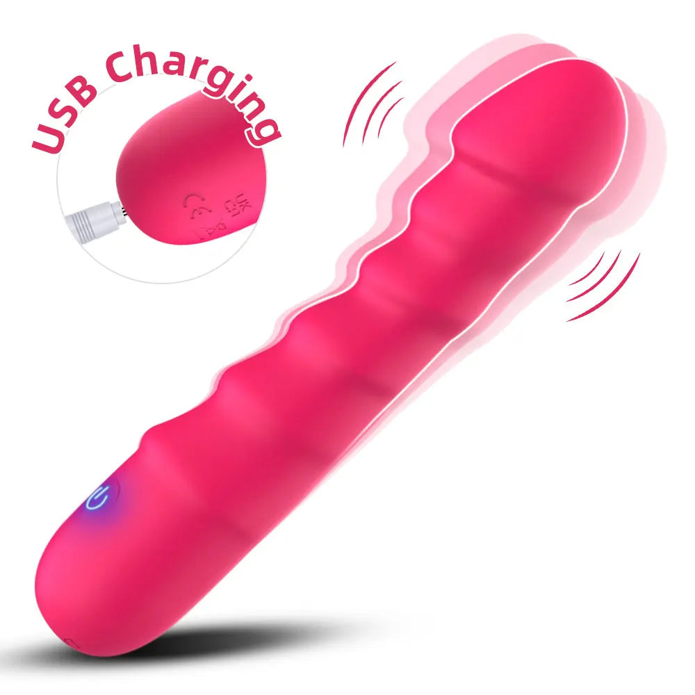 Pink USB rechargeable vibrating massager with textured body and power button