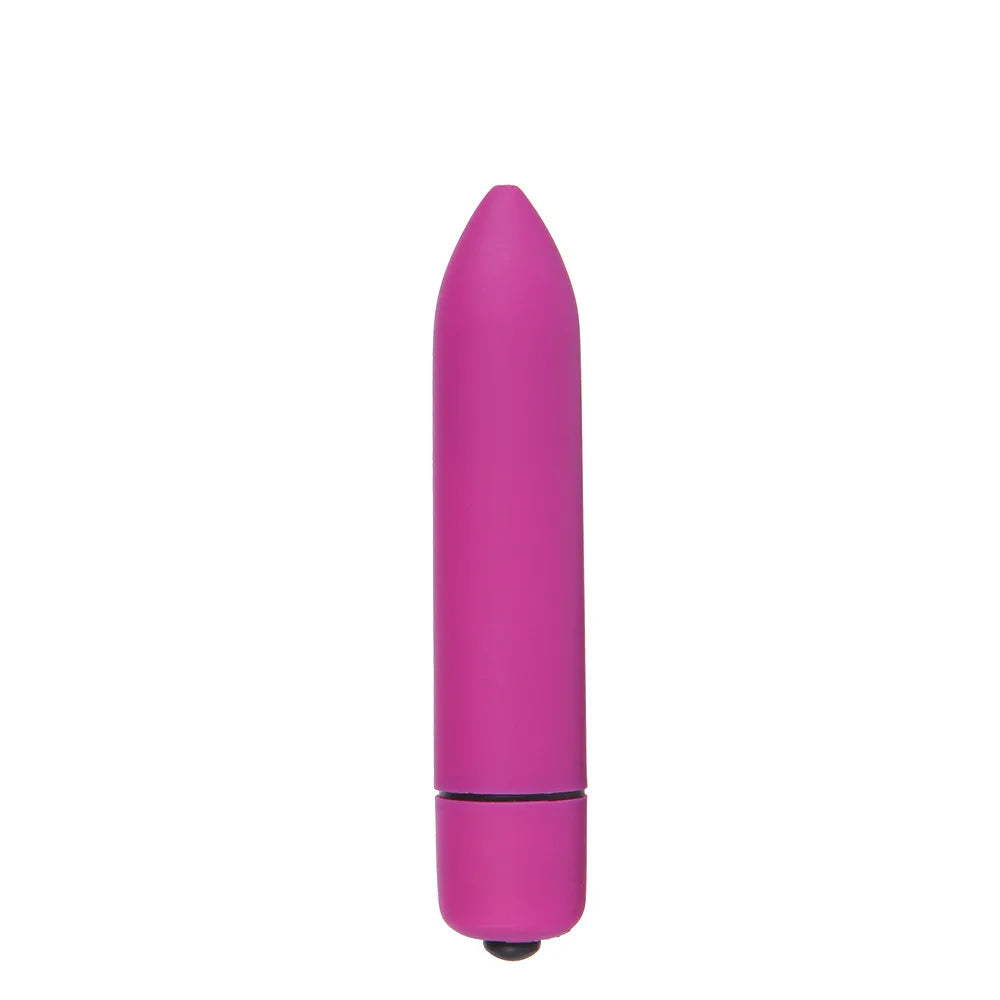 Pink bullet vibrator sex toy with smooth sleek design on white background