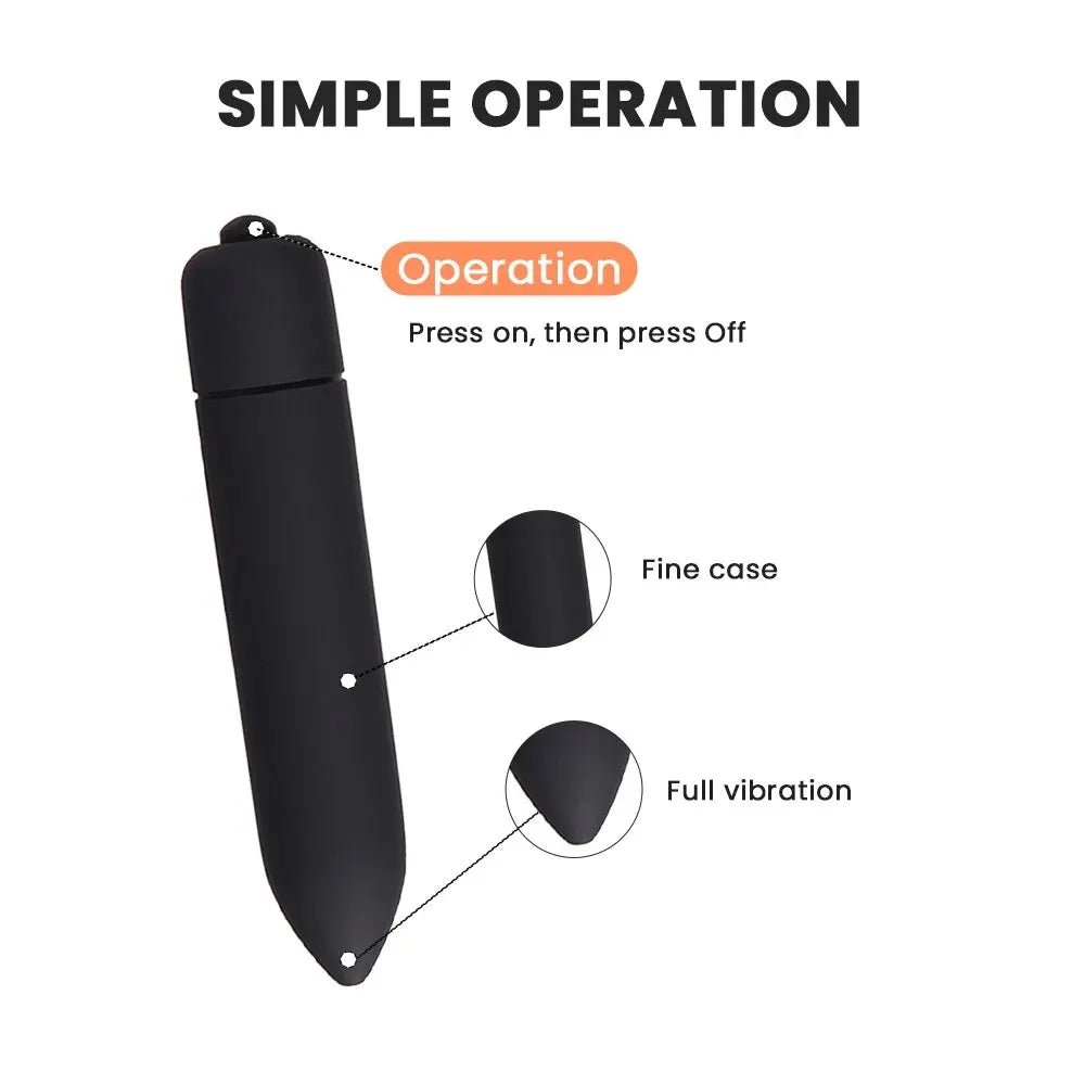 Black bullet-shaped vibrator with simple operation instructions and labels for fine case and full vibration