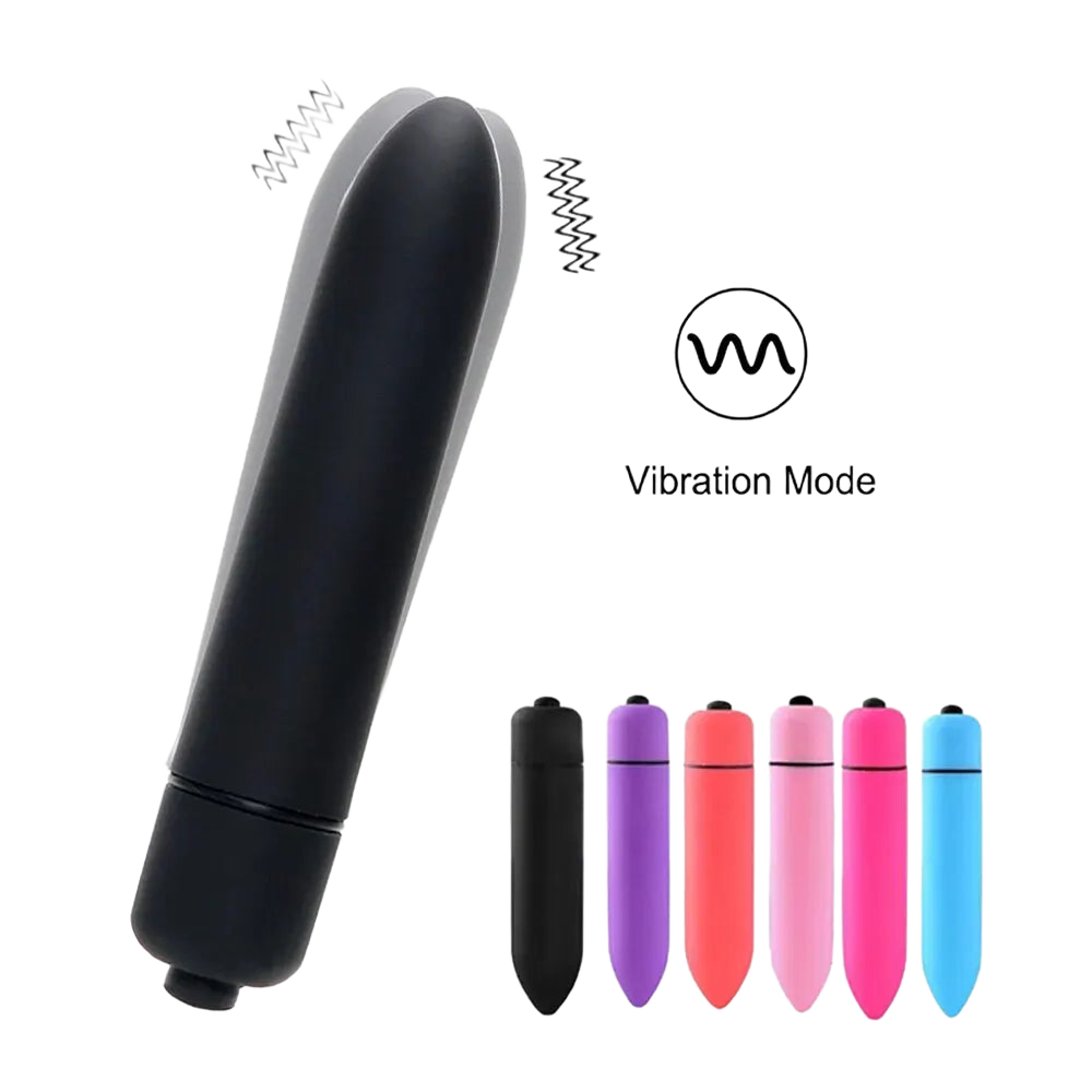Black mini bullet vibrator with vibration mode icon and six colorful bullet vibrators