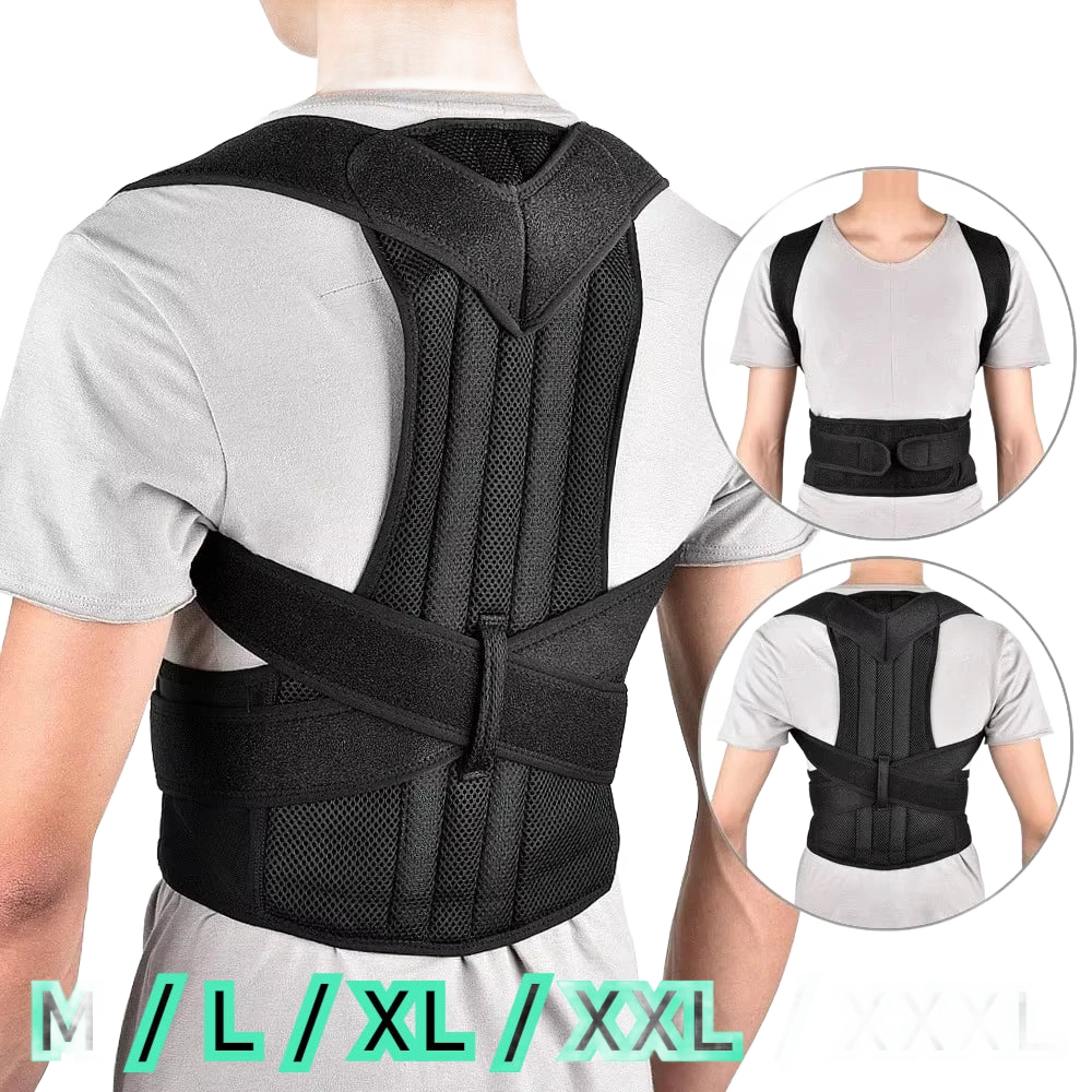 Black posture corrector back support brace worn over gray shirt, adjustable straps, mesh design