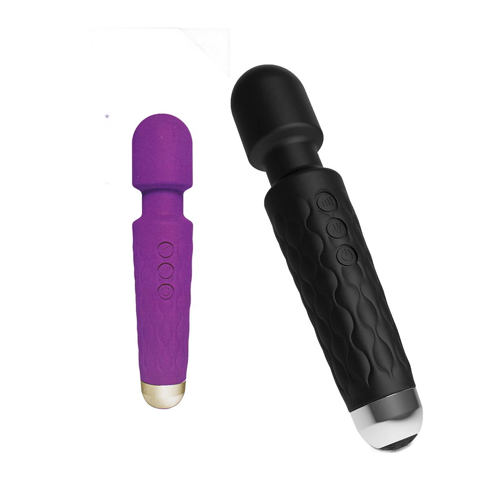 Black silicone massage wand with textured handle and control buttons beside its purple packaging box