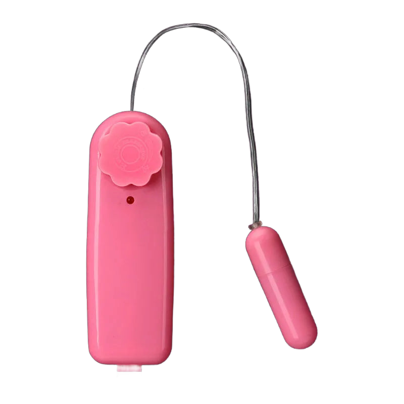 Pink remote control vibrating egg sex toy with dial and metal wire on dark background