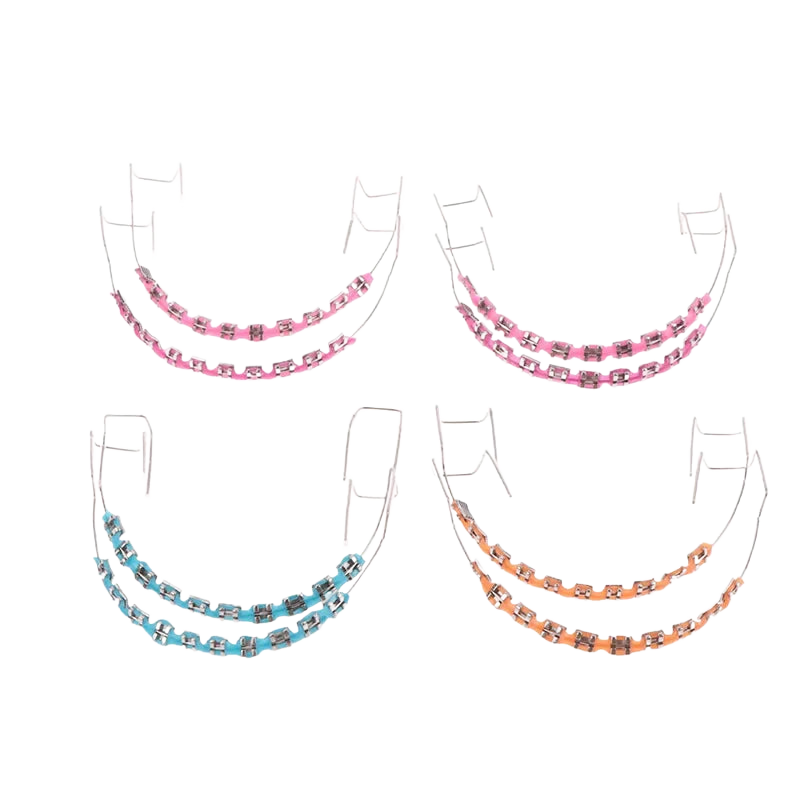 Four sets of colorful orthodontic braces in pink, blue, and orange on white background